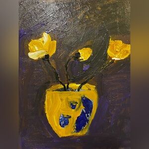 Abstract Yellow and Blue Floral Vase Art